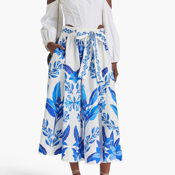 FARM RIO Gathered floral-print cotton-poplin Midi Skirt Medium NWT - Picture 2 of 8